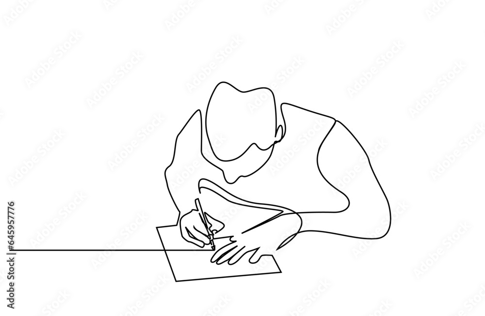 male person writing in paper notebook. man signing business finance contract agreement line art
