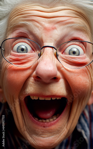 A crazy and funny looking elderly woman laughs out loud