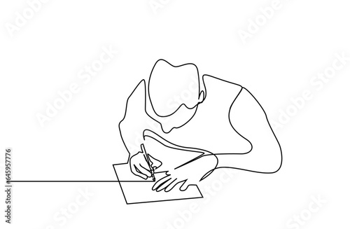 male person writing in paper notebook. man signing business finance contract agreement line art