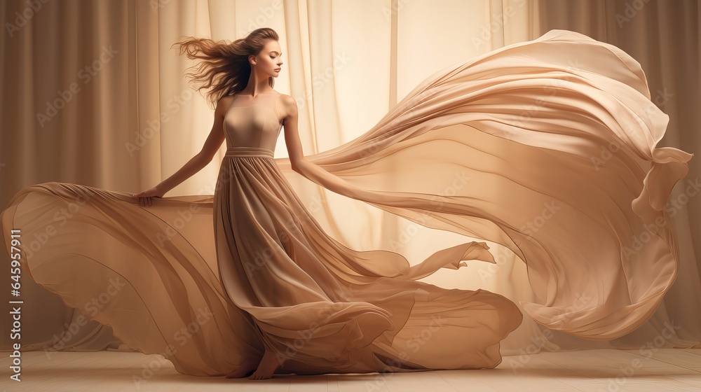 Fashion model wearing a lovely, high-end beige flowing chiffon dress, Beautiful fantasy model wearing an evening gown that flies long. Fashion model wearing a lovely, high-end beige flowing chiffon dress, Beautiful fantasy model wearing an evening gown that flies long.