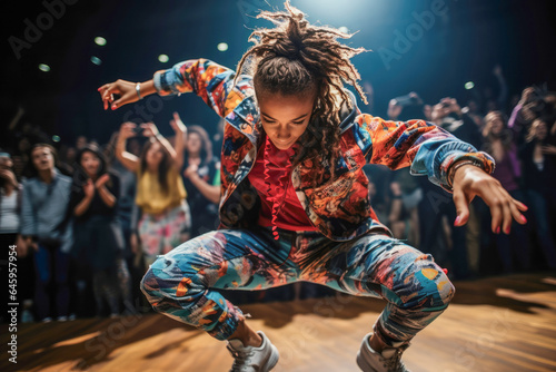 Female breakdancer captivates the audience with her dynamic routine at a competitive breakdancing sport event photo