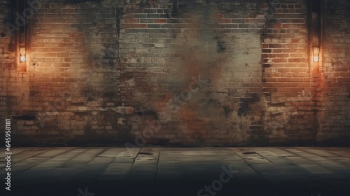 Industrial backdrop, empty grungy urban street, and brick wall of a warehouse