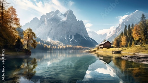 Vorderer Lake in a serene autumn scene with the Dachstein Glacier in the distance. Beautiful sunrise photo of the Austrian Alps