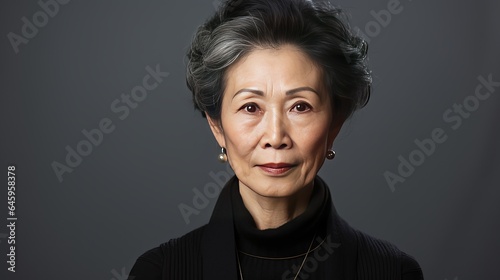Asian woman, aged and serious, looking into the camera.