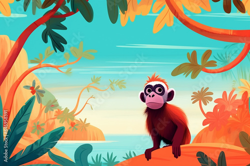 Colorful tropical landscape with cute monkey in the rain forest, kids illustration with bright and bold colors. colorful nursery art, beautiful artistic image for poster, wallpaper, art print. © Aul Zitzke