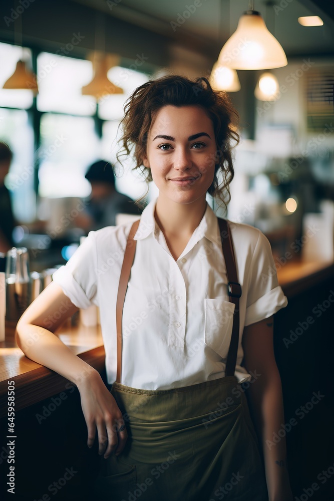 Fototapeta premium young woman barista standing behind the counter, preparing to serve coffee. generative AI