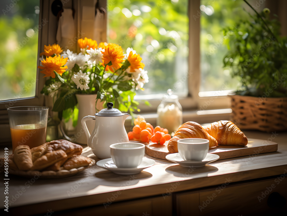 Beautiful modern kitchen countertop with fresh croissants, and a cup of coffee and tea, sunny morning breakfast - obrazy, fototapety, plakaty 