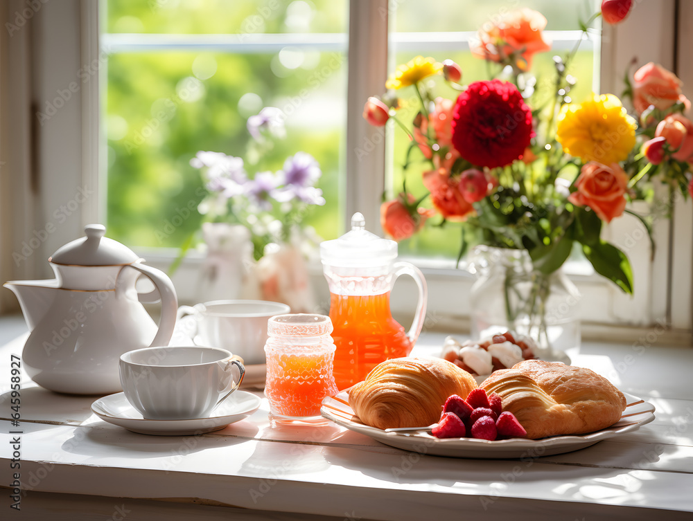 Beautiful modern kitchen countertop with croissants, teapot, and fresh orange juice, sunny morning breakfast, with colorful flowers behind