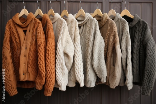 Row of different stylish fashion knitted jackets coat winter clothes