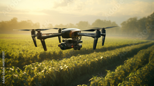 Crop Monitoring with Drones: A photo illustrating a drone equipped with AI technology flying over a lush field of crops, capturing data for crop health analysis and yield predictions