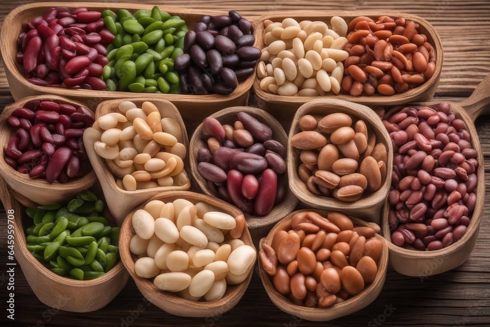 Assorted beans in wooden bowl on wooden background Assorted beans in wooden bowl on wooden background