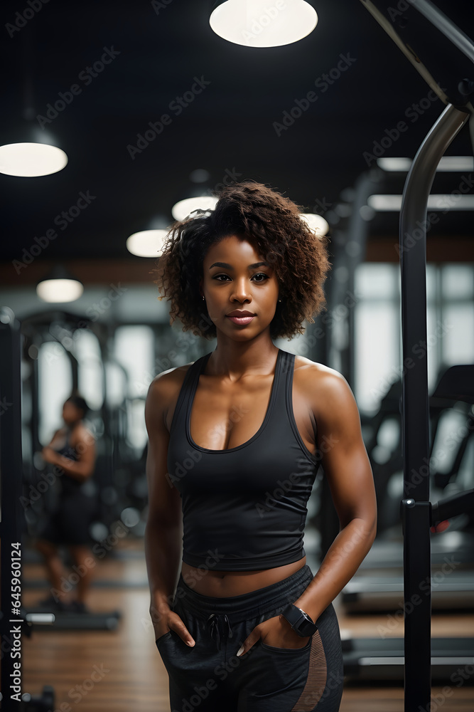 Fototapeta premium Wide shot of Attractive fit woman standing in fitness gym. Image created using artificial intelligence.