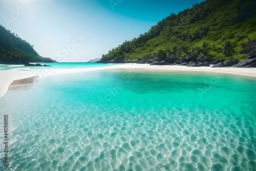 An Exquisite Beachscape with Azure Waters and the Boundless Blue Sky, a Captivating Confluence of Earth and Sky, Where the Tranquil Waters Mirror the Celestial Expanse, Creating a Poetic Intersection 