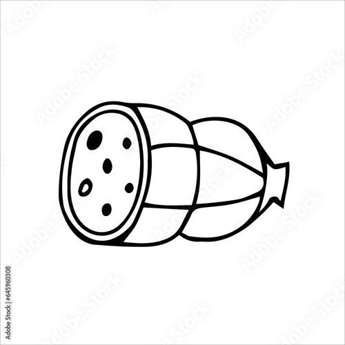 A stick of sausage. Vector black and white hand-drawn illustration. Silhouette, icon, logo, sketch, template, doodles.