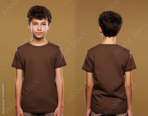 Front and back views of a little boy wearing a brown T-shirt