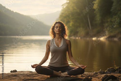 A woman meditating on the shore of a lake