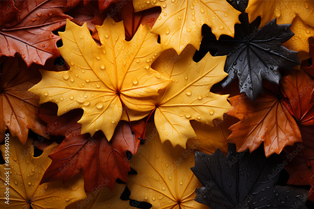 Fototapeta premium Autumn background with leaves and berries on a black wooden background, ai generated image