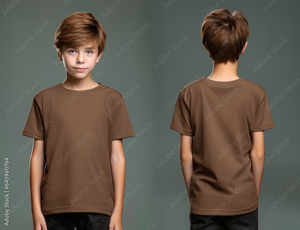 Front and back views of a little boy wearing a brown T-shirt Front and back views of a little boy wearing a brown T-shirt