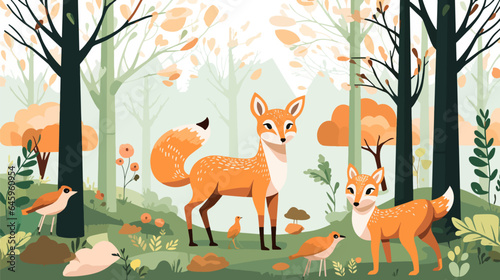 Group of forest animals in a forest, 2d flat vector illustration, cartoon.