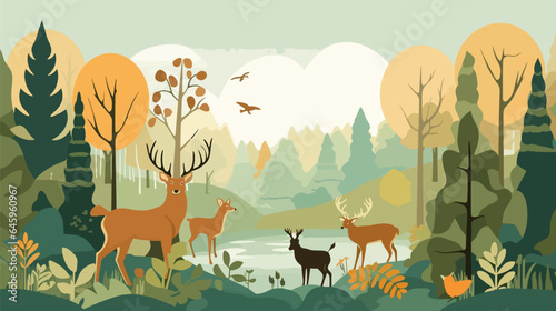 Group of forest animals in a forest, 2d flat vector illustration, cartoon.