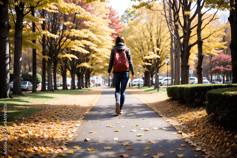 Obraz premium person walking in the park, road in autumn Generative AI