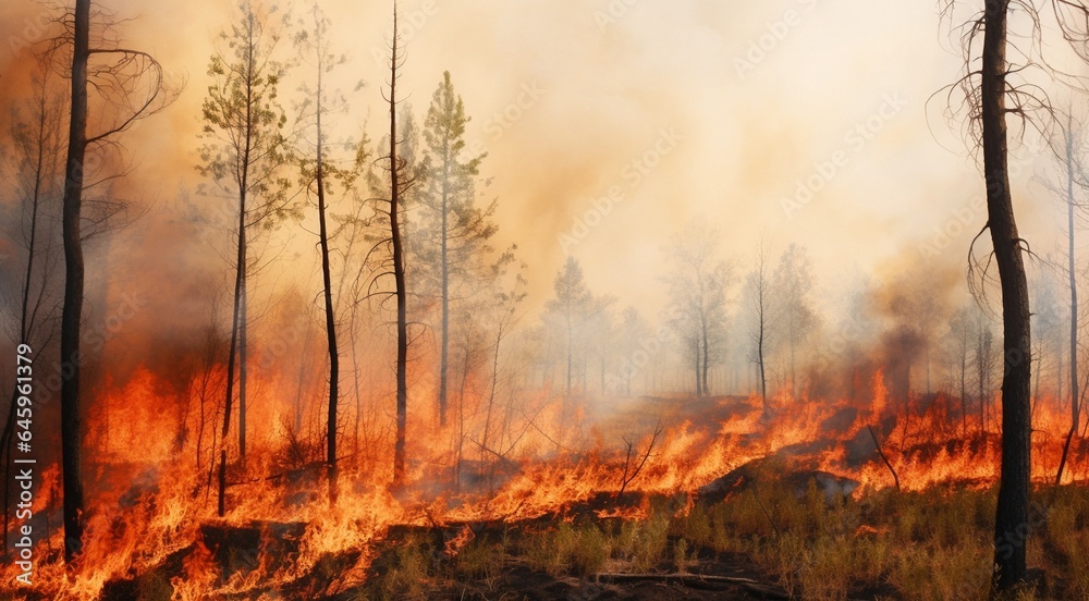 fire in the forest, fire scene in forest, power fire with smoke in forest