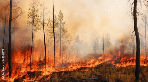 fire in the forest, fire scene in forest, power fire with smoke in forest © Gegham