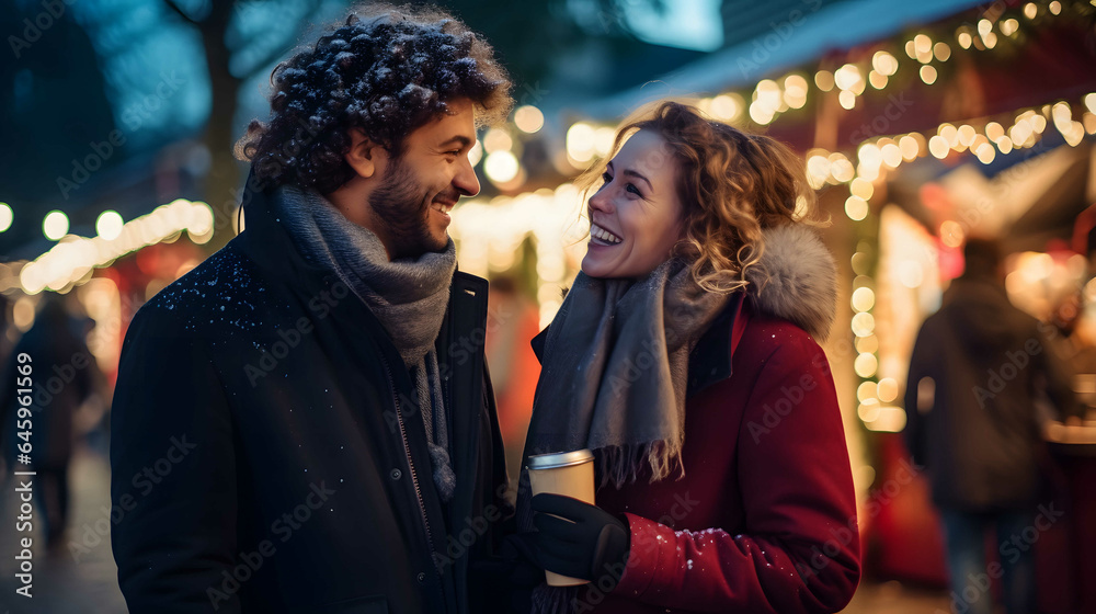 Young smiling couple drinking hot coffee on christmas market in winter time. Young smiling couple drinking hot coffee on christmas market in winter time.