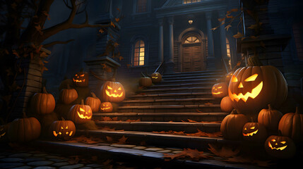 Halloween pumpkins in front of haunted house. 3d render. Holiday event halloween banner background concept.