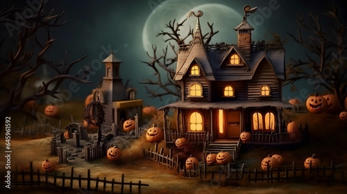 Halloween background with haunted house and pumpkins. 3d render