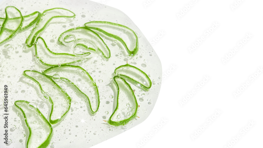 Thinly sliced slices or pieces of aloe vera in a transparent gel with bubbles. On a blank background. PNG