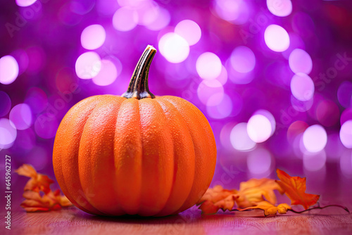 Orange pumpkin on a bright purple bokeh background  festive Halloween banner