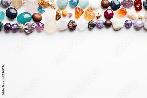 Different colourful crystals on white background 