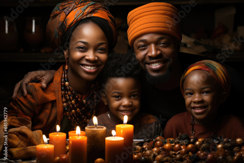 Happy African family celebrating Kwanzaa together  enjoying the holiday season.