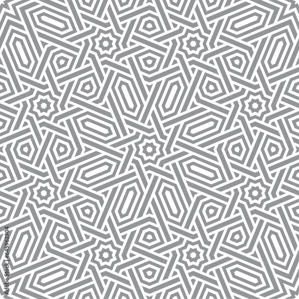 Arabic Pattern with detail lines on white background, Monochrome arabesque linear texture, Seamless islamic vector design