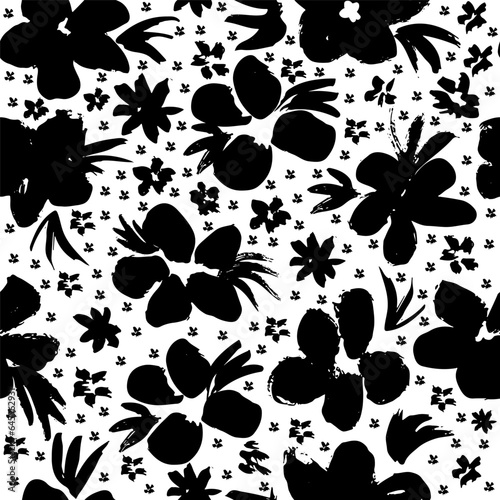 Ink drawing flowers hand drawn seamless pattern. Ink brush vector texture. Grunge dry brushstroke drawing. Blooming chamomile, daisy, chrysanthemums .