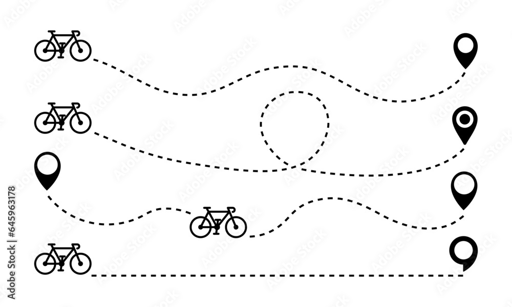 Set of bicycle route from start and finish. Way with point to point. Map with ciclist route. Bike and pin.