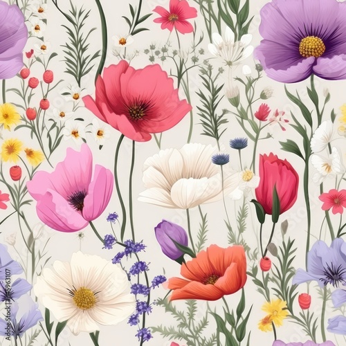 A bunch of colorful flowers on a white background. Imaginary illustration. Seamless boho background.