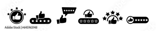 Set of thumb up and five stars vector icons. Customer feedback. Best rating or satisfaction. High service. 
