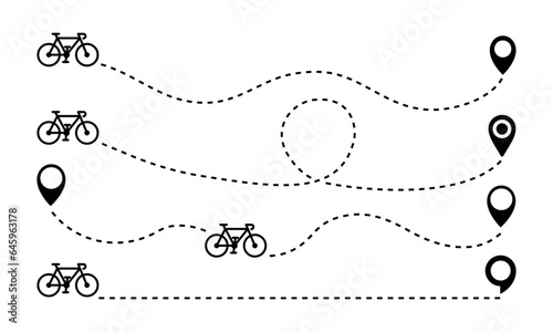 Set of bicycle route from start and finish. Way with point to point. Map with ciclist route. Bike and pin.