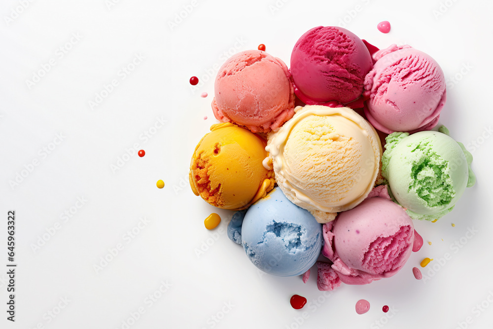 Scoops ice cream. Colorful set of ice cream with different flavors. Top view of ice cream Scoops ice cream. Colorful set of ice cream with different flavors. Top view of ice cream