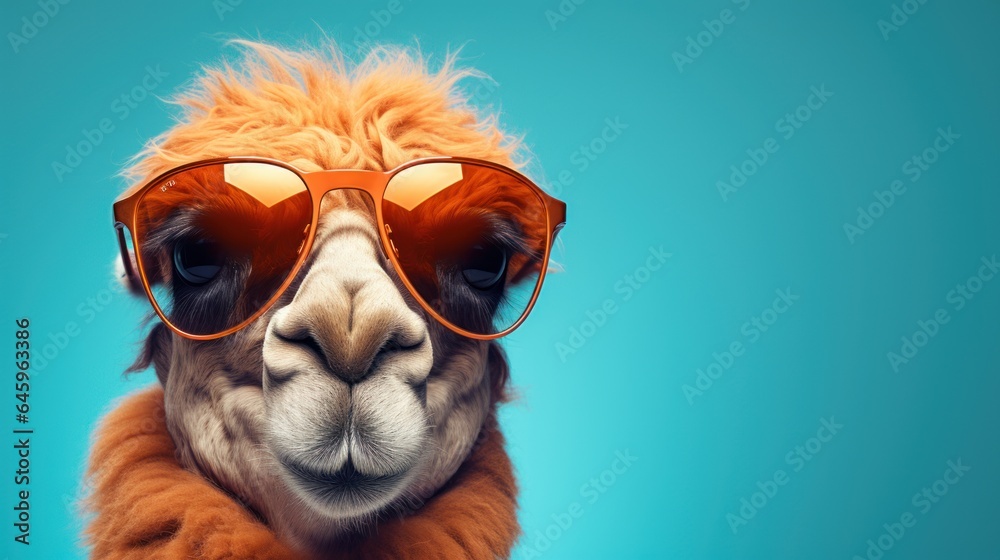 Camel in sunglasses isolated on a hard pastel background.