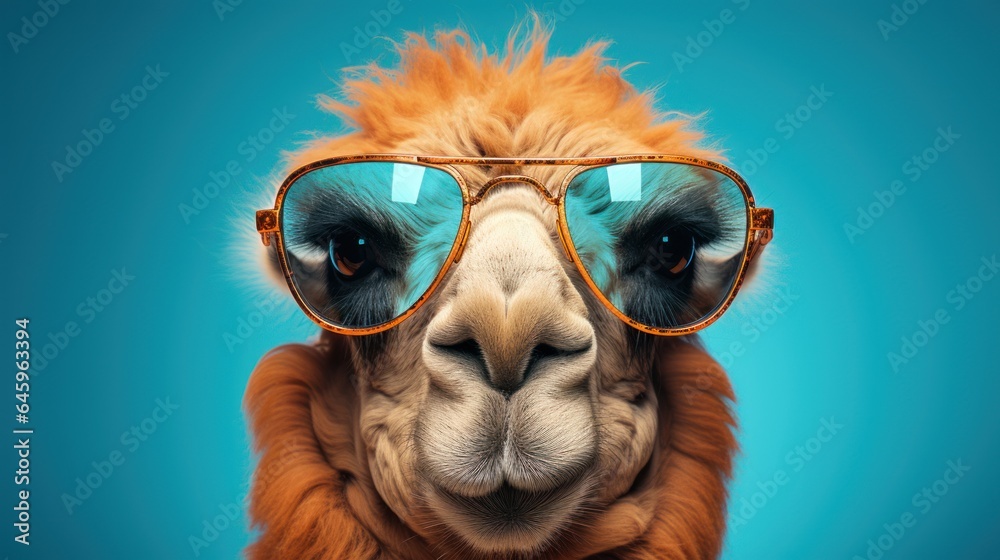 Camel in sunglasses isolated on a hard pastel background.