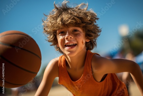 A boy practices his basketball skills by aiming at the basket. Determination
