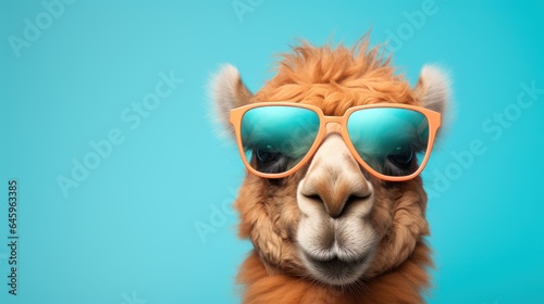 Camel in sunglasses isolated on a hard pastel background.