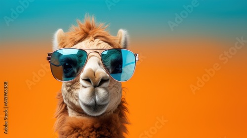 Camel in sunglasses isolated on a hard pastel background. © sirisakboakaew