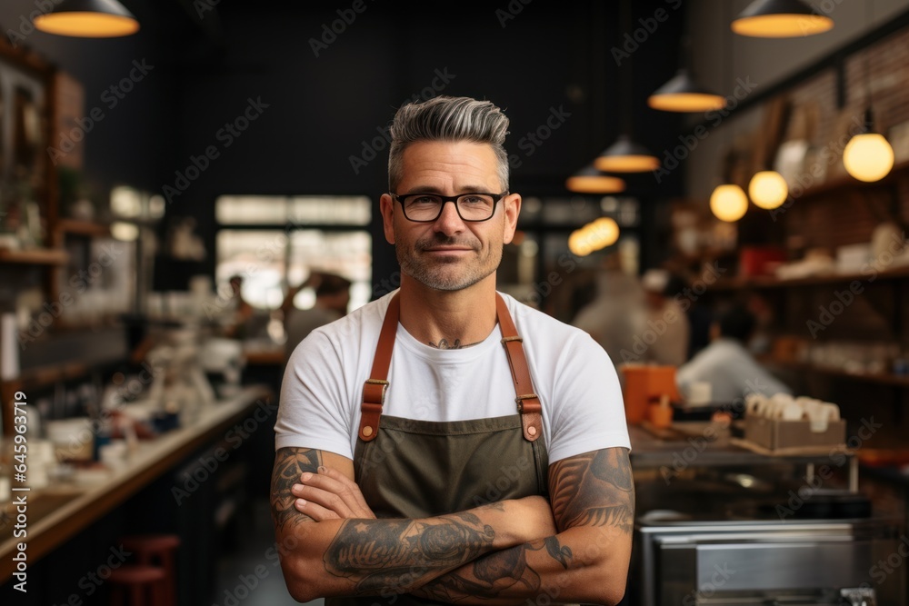 Proud coffee shop owner standing in front of a cozy coffee shop. Confident entrepreneur. Proud coffee shop owner standing in front of a cozy coffee shop. Confident entrepreneur.