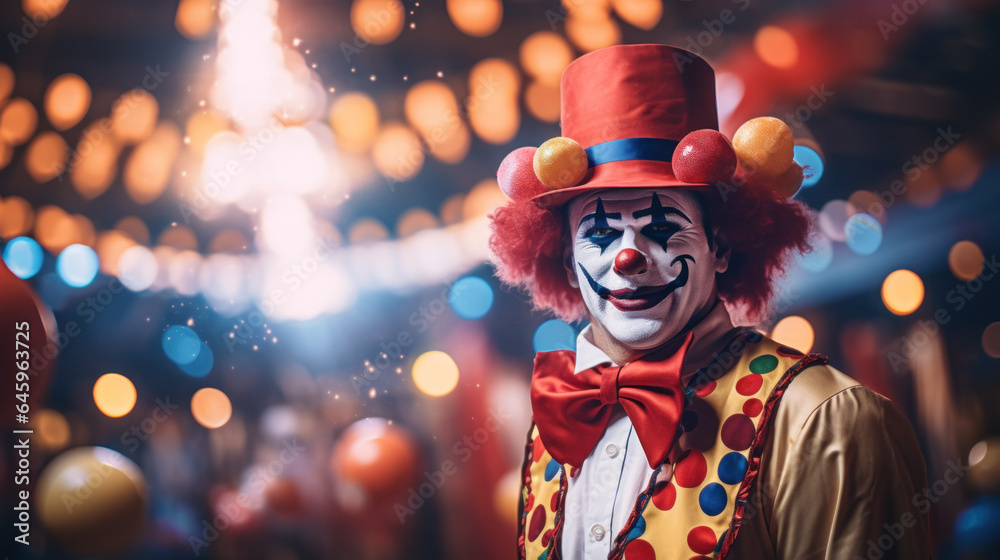 Portrait of Funny face Clown man in colorful uniform standing holding copy space. Happy expression male bozo in various pose with circus lights on background. - obrazy, fototapety, plakaty 