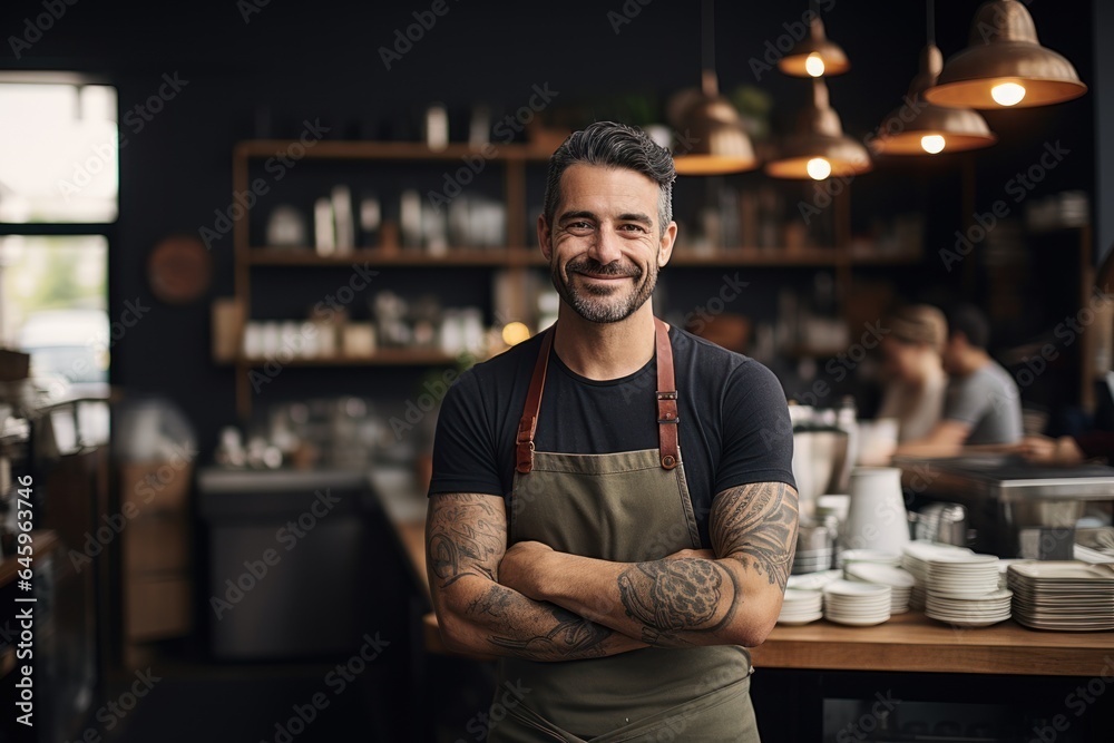 Proud coffee shop owner standing in front of a cozy coffee shop. Confident entrepreneur. Proud coffee shop owner standing in front of a cozy coffee shop. Confident entrepreneur.