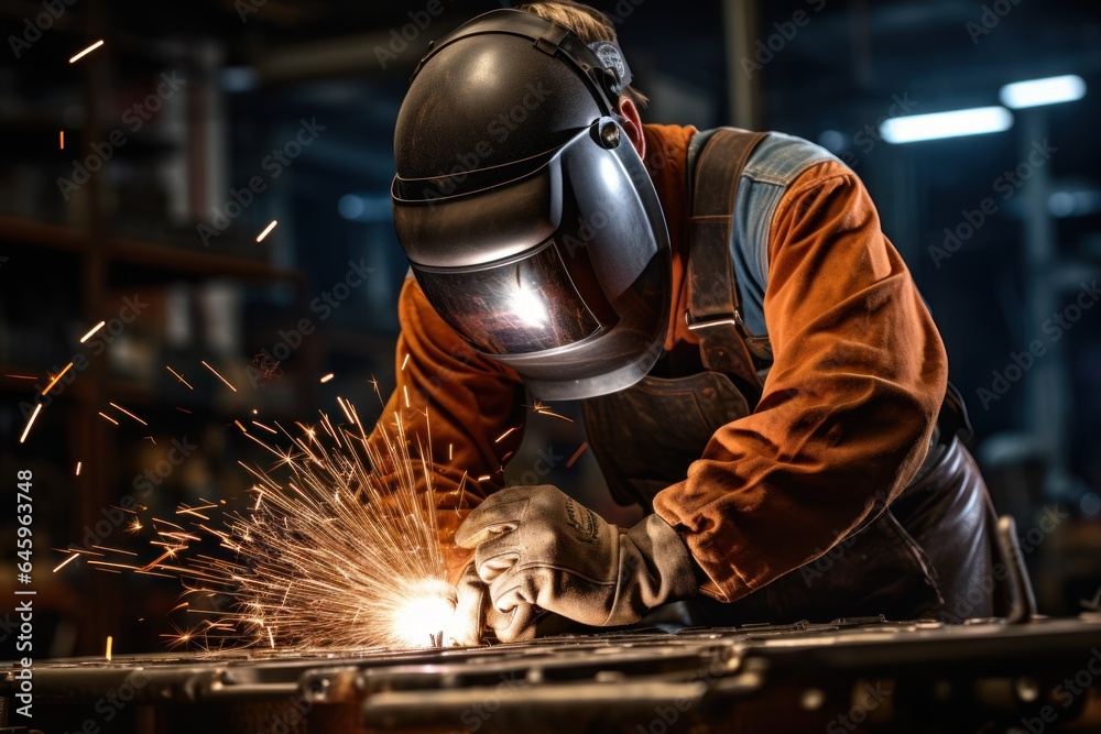 Welder with Sparks Flying It showcases skilled craftsmen working on metal fabrication projects. Safety equipment